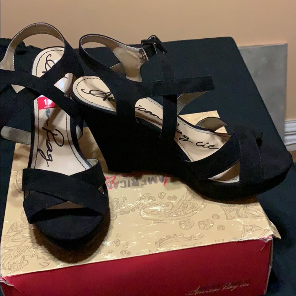 Black suede wedges w/crisscross straps